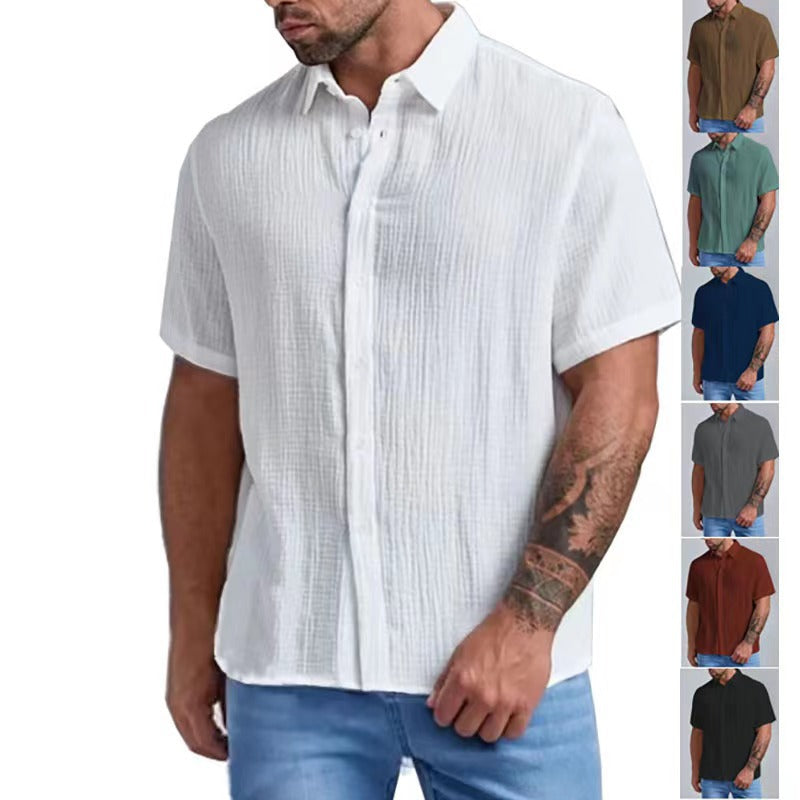 Men's Seersucker Wrinkle-Free Solid Color Casual Basic Short Sleeve Shirt