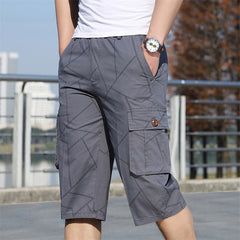 Summer Pure Cotton Men's Casual Seven-point Overalls Shorts Elastic Plaid Mid-pants