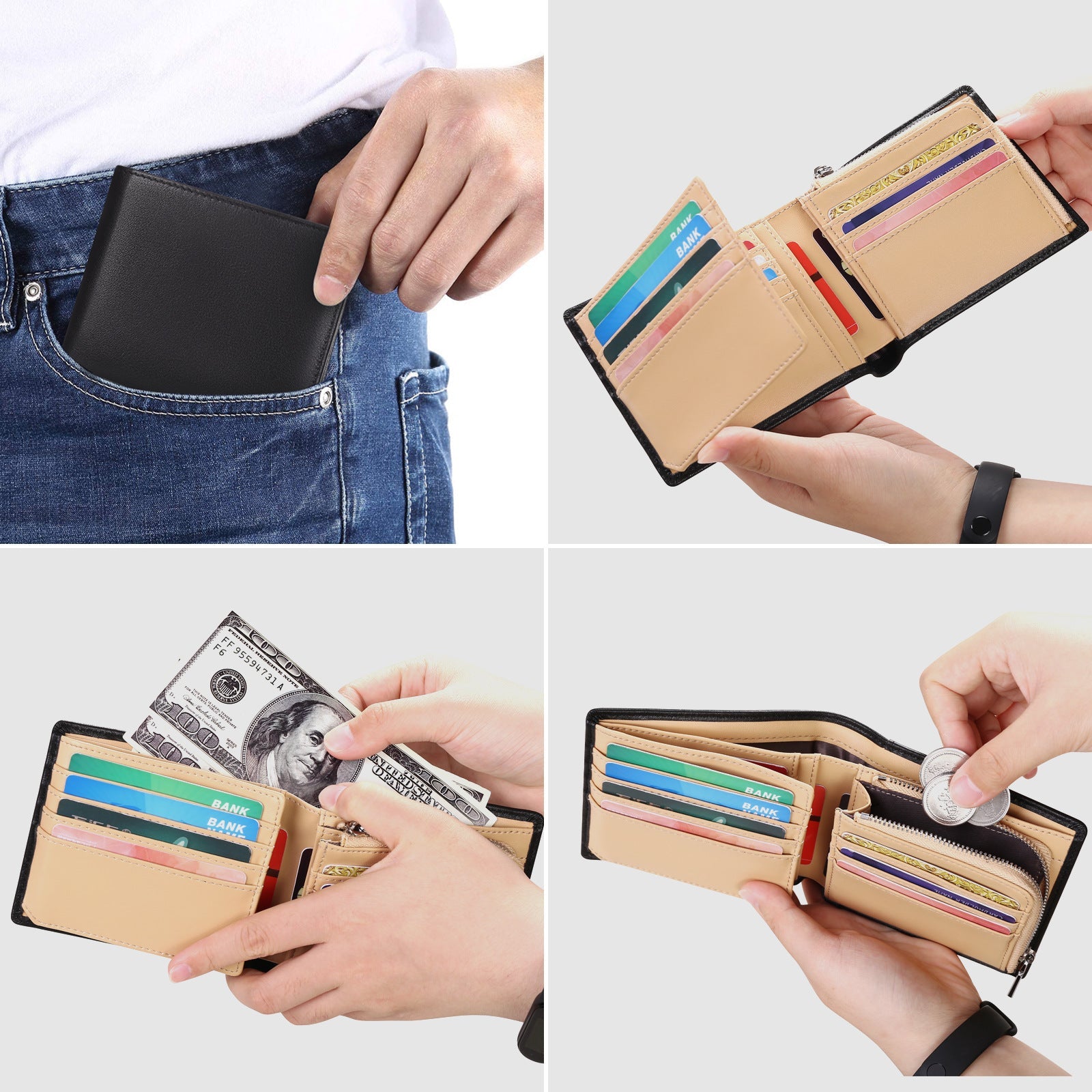 Men's Bifold Multi-Card Coin Clip Large-Capacity Shielded Leather Wallet