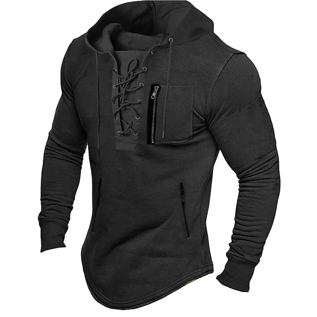 Men's Hoodie Solid Color Tied Zipper Pocket Sports Street Sweatshirt