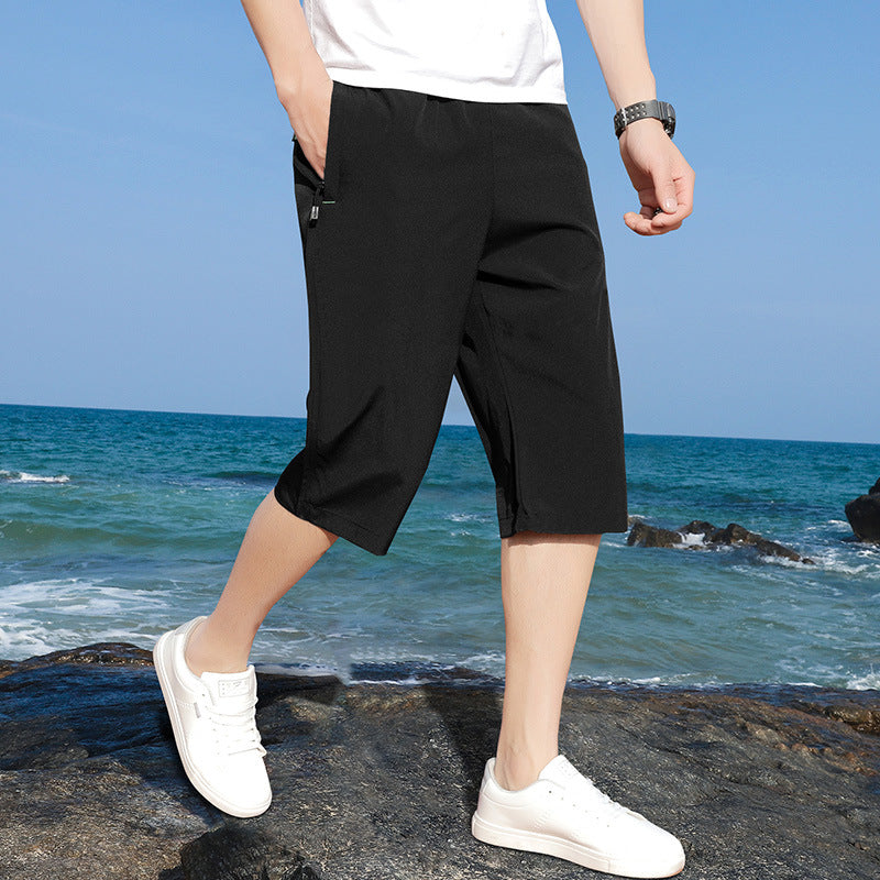 Men's Ice Silk Cropped Pants Shorts Summer Outerwear Plus Size Loose Sports Shorts