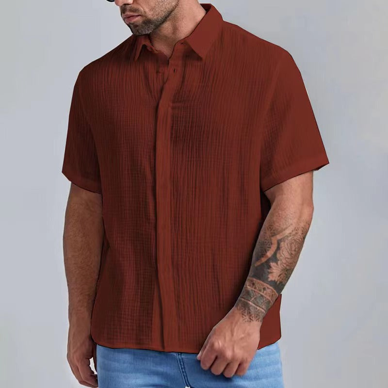 Men's Seersucker Wrinkle-Free Solid Color Casual Basic Short Sleeve Shirt