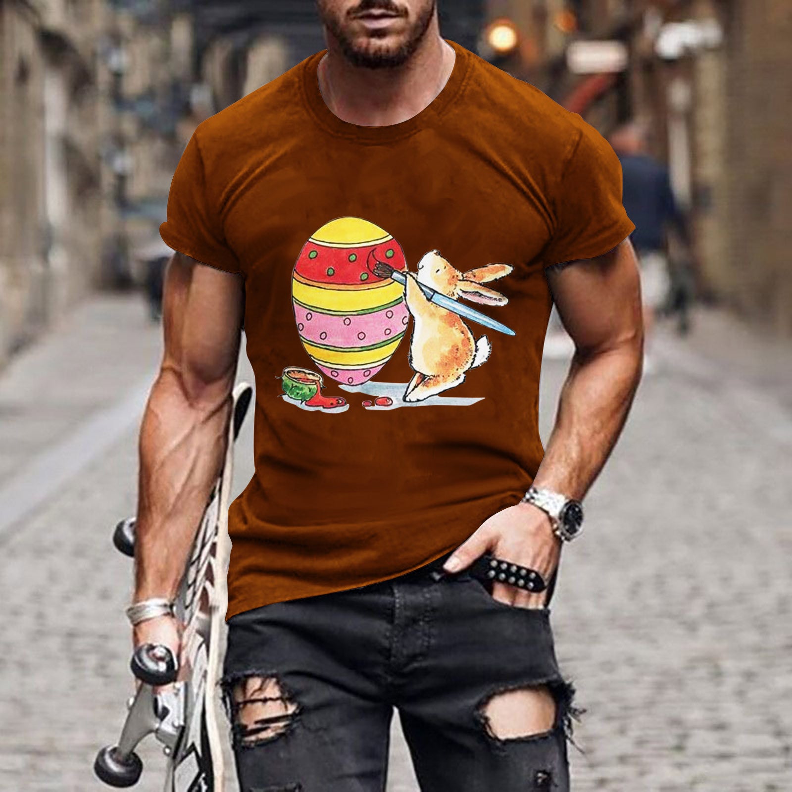 Men's Round Neck Short Sleeve 3D Printed Summer Easter Loose T-shirt