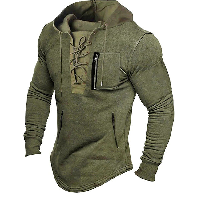 Men's Hoodie Solid Color Tied Zipper Pocket Sports Street Sweatshirt