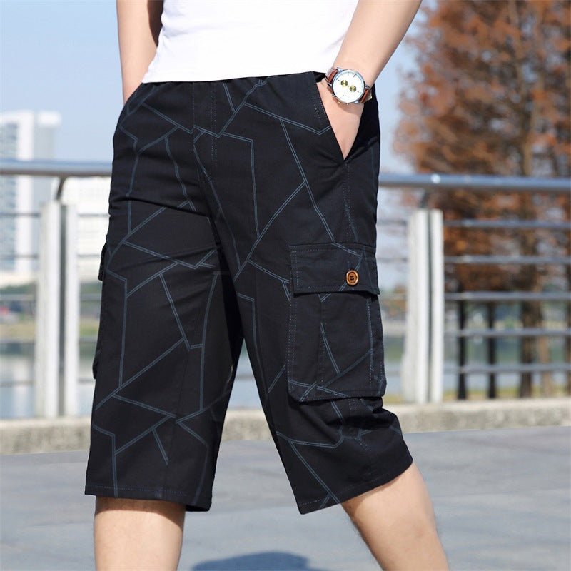 Summer Pure Cotton Men's Casual Seven-point Overalls Shorts Elastic Plaid Mid-pants