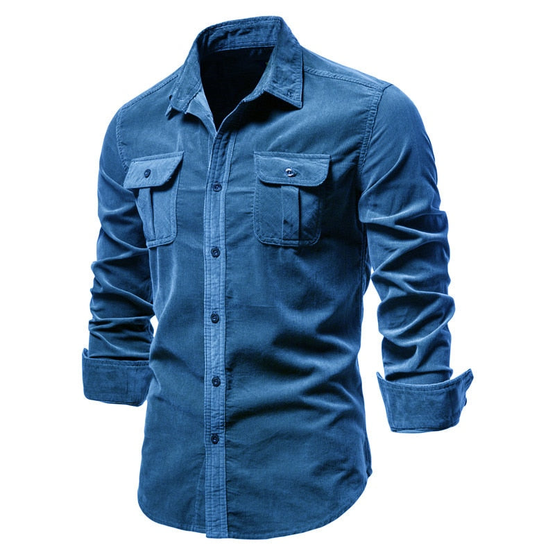 Men's Corduroy Long Sleeve Shirt Cotton Casual Tactical Workwear Ropa Hombre