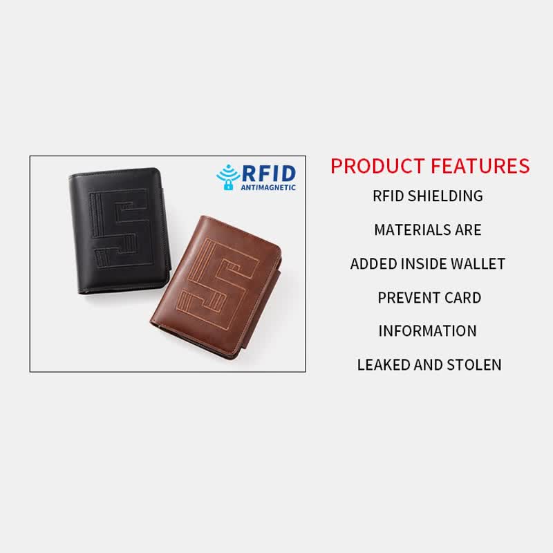 Men's Large Capacity Leather Wallet Credit Card Holder RFID Stealth Mode Tri-Fold Wallet Anti-theft Money Clip