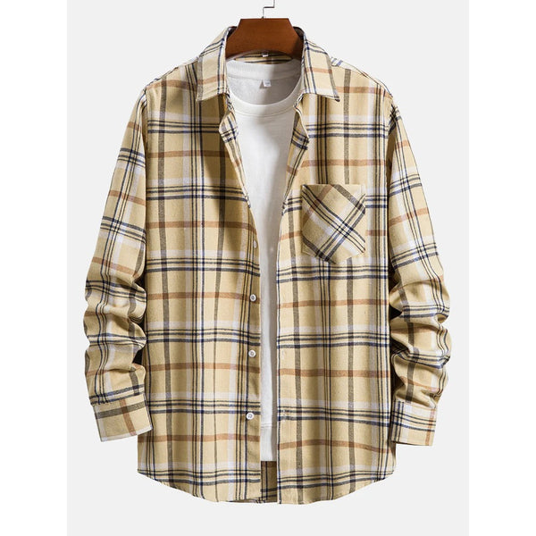 Single-breasted Colorful Plaid Patch Pocket Shirt Casual Classic Loose Shirt