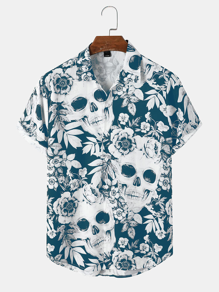 Mens Head Halloween Floral Short Sleeve Shirt