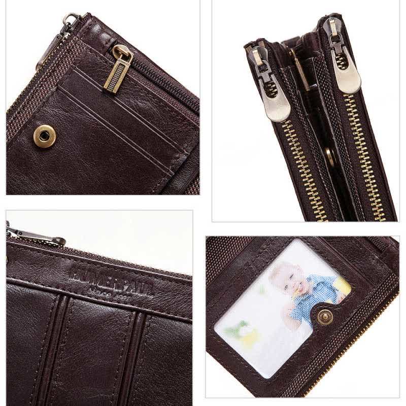 RFID Blocking Anti-theft Chain Bifold Wallet Men's Vintage Double Zipper Leather Wallet