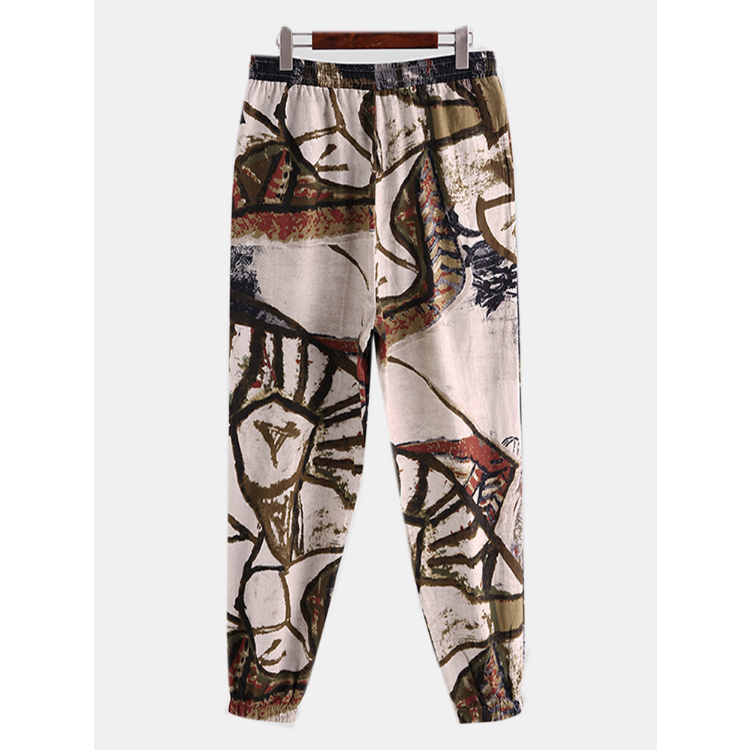 Men Cotton Ethnic Graffiti Print Oriental Harem Pants Plus Size