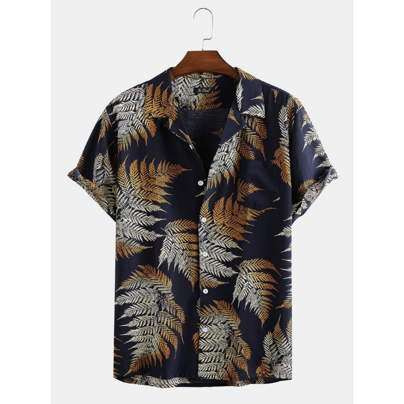 Pine Leaves Print Cotton Short Sleeve Relaxed Shirts