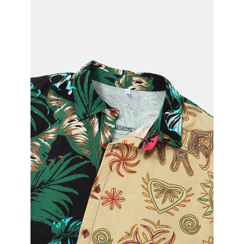 Mens Tropical Plant Patchwork Short Sleeve Casual Shirts