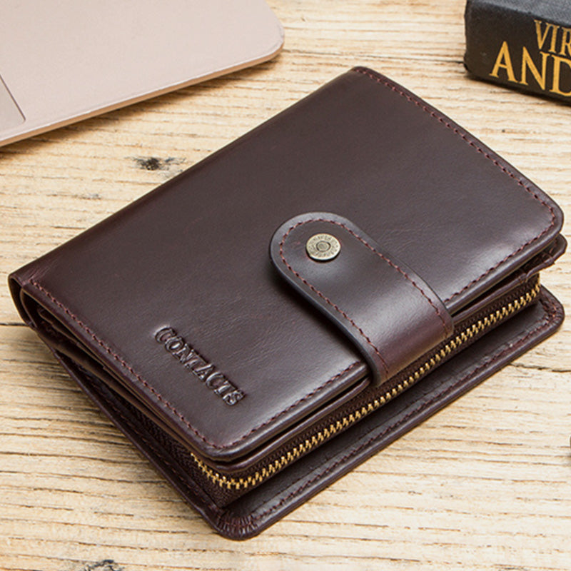 RFID Men's Genuine Leather Multi-Clasp Multi-Compartment Bifold Wallet