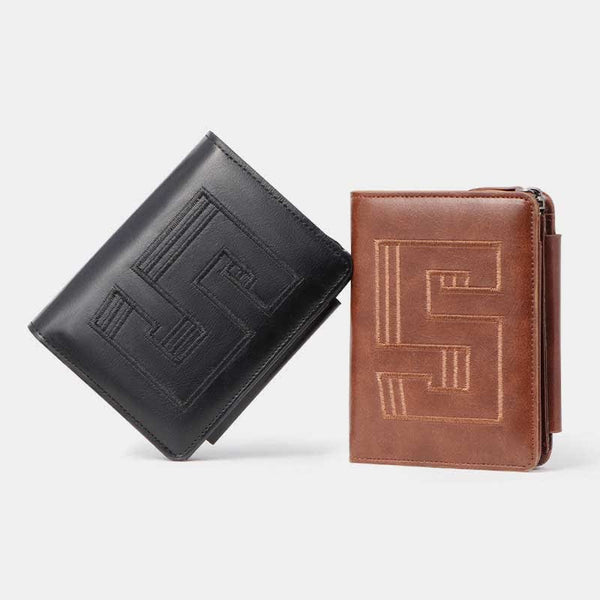 Men's Large Capacity Leather Wallet Credit Card Holder RFID Stealth Mode Tri-Fold Wallet Anti-theft Money Clip