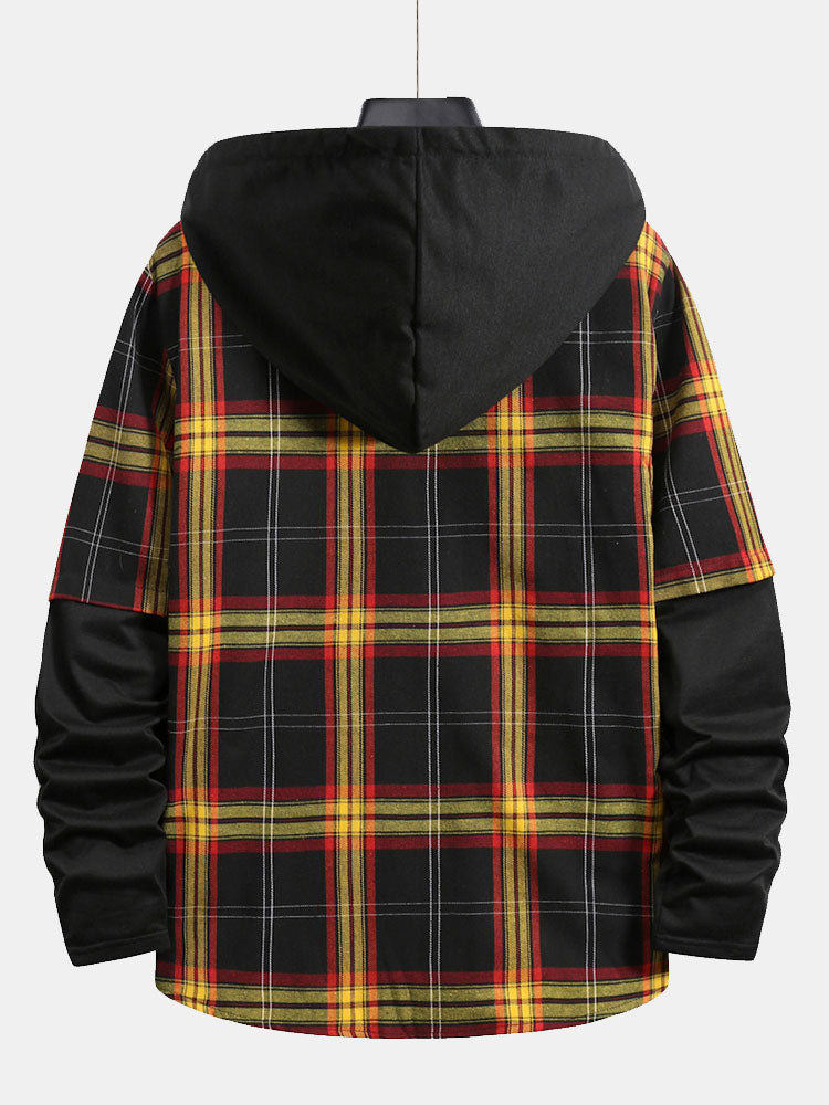 Men's Loose Plaid Long Sleeve Drawstring Patchwork Hooded Shirt