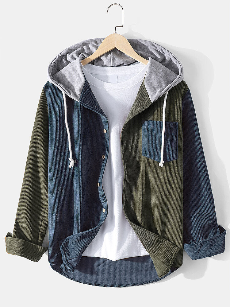 Mens Patchwork Corduroy Long Sleeve Hooded Shirts