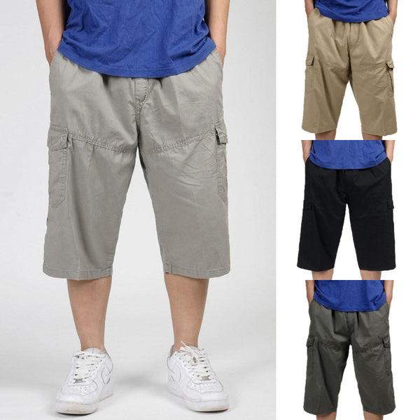 Men's Multi-pocket Plus Size US 31-55 Loose Casual Pants Solid Color Durable Breathable Wide-tube Capri Shorts