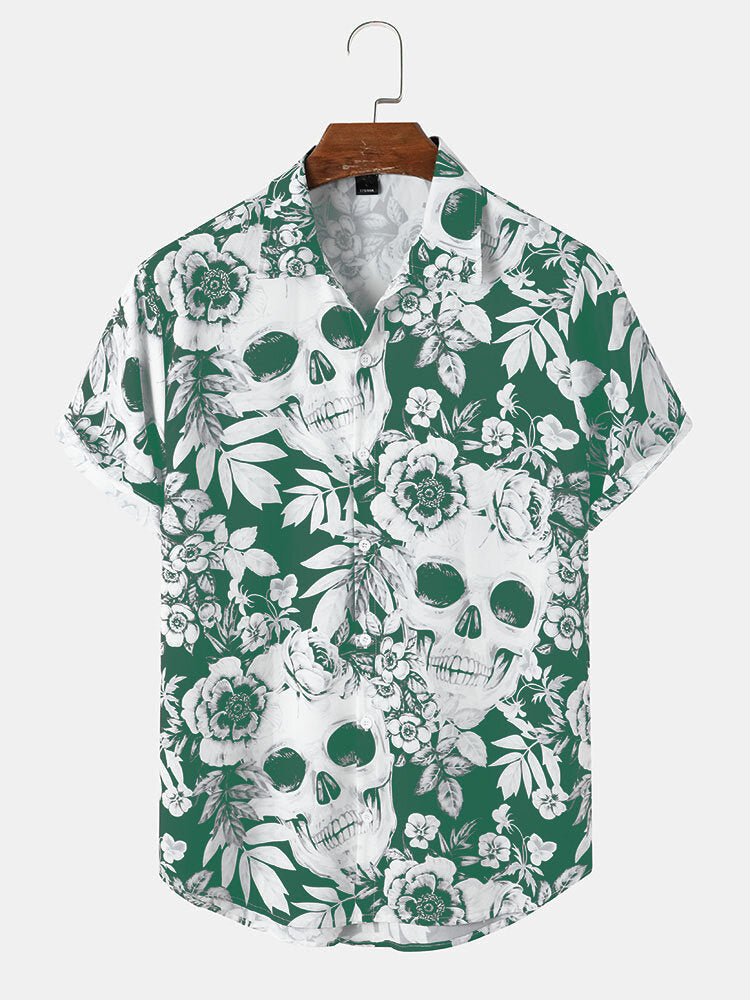 Mens Head Halloween Floral Short Sleeve Shirt