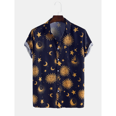 Men Sun Moon Print Short Sleeve Relaxed Shirts