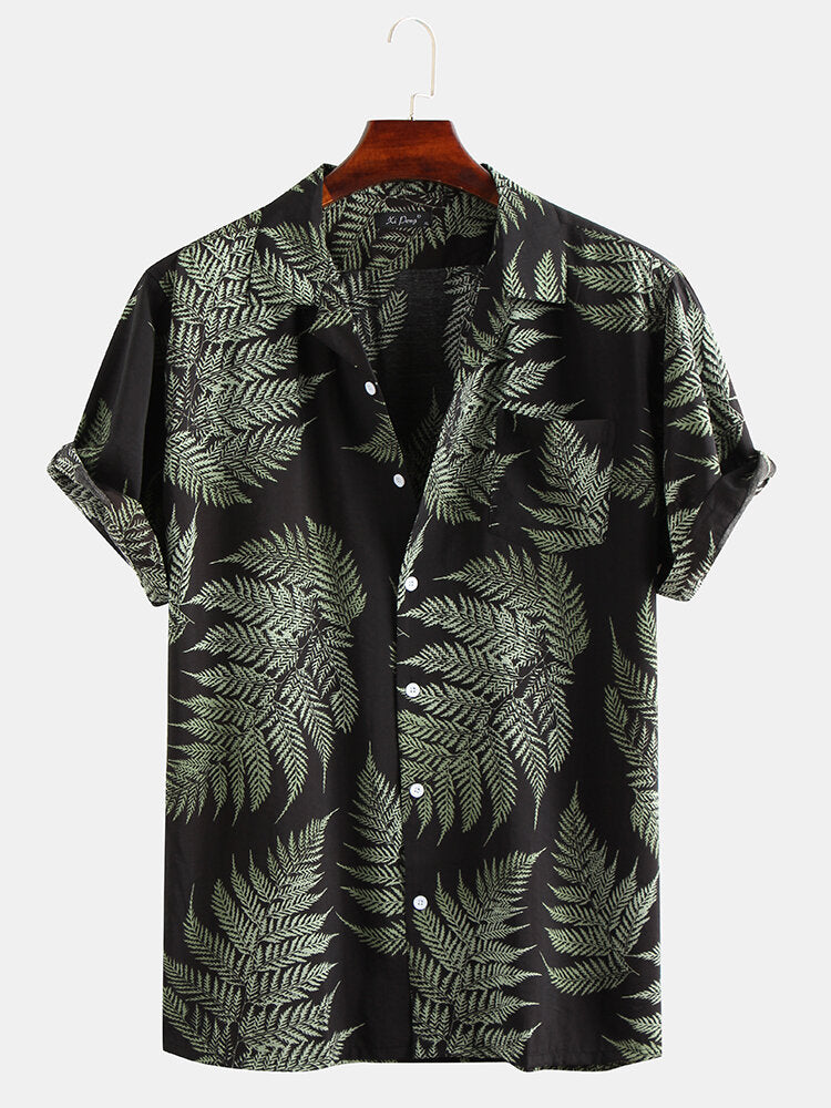 Pine Leaves Print Cotton Short Sleeve Relaxed Shirts