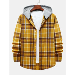 Men's Loose Plaid Hooded Shirt Multicolor Casual Long Sleeve Shirt