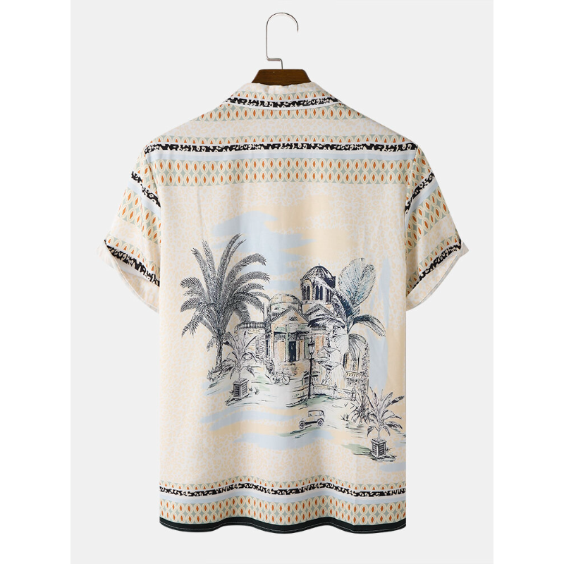 Mens Holiday Landscape Print Short Sleeve Shirts