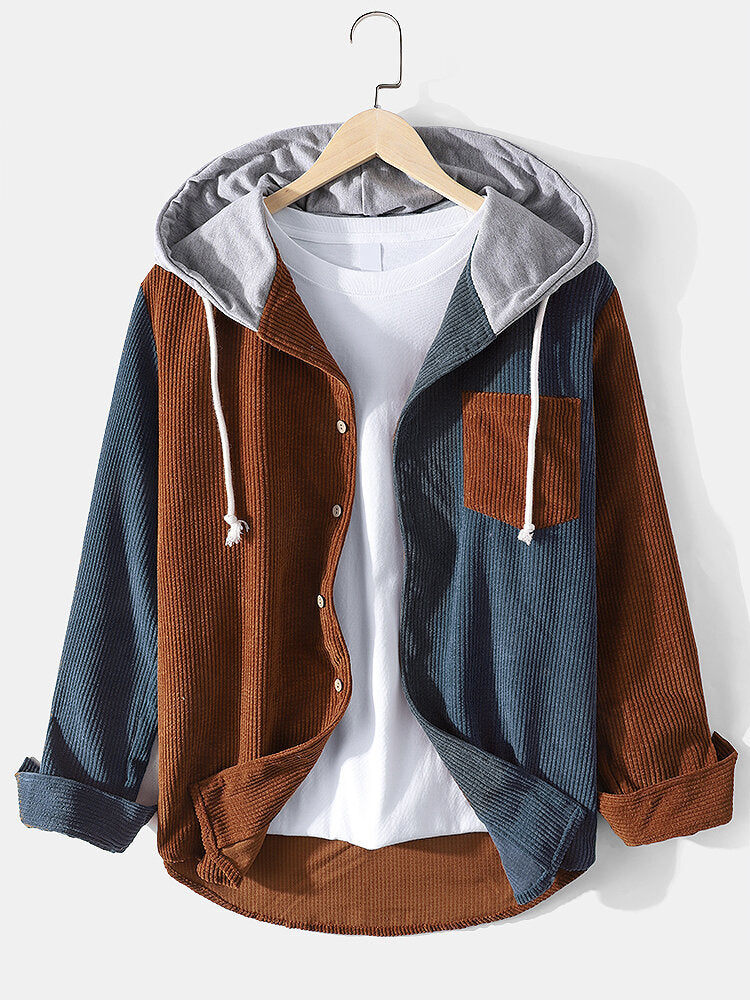 Mens Patchwork Corduroy Long Sleeve Hooded Shirts