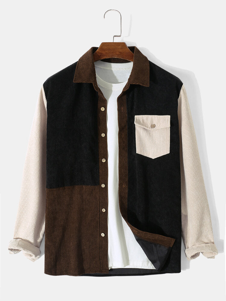 Mens Splicing Corduroy Button Color Block Casual Shirt