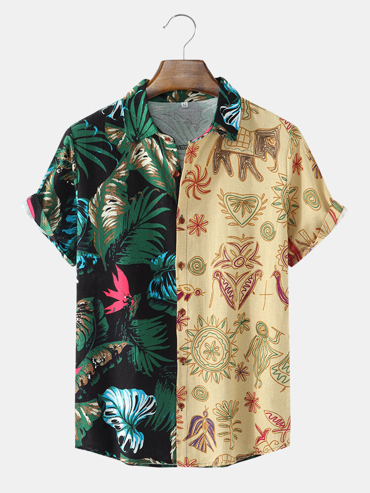 Mens Tropical Plant Patchwork Short Sleeve Casual Shirts