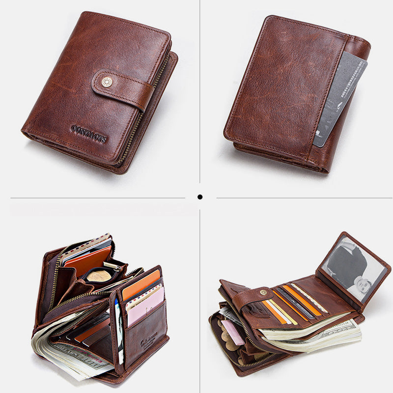 RFID Men's Genuine Leather Multi-Clasp Multi-Compartment Bifold Wallet