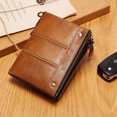 RFID Blocking Anti-theft Chain Bifold Wallet Men's Vintage Double Zipper Leather Wallet