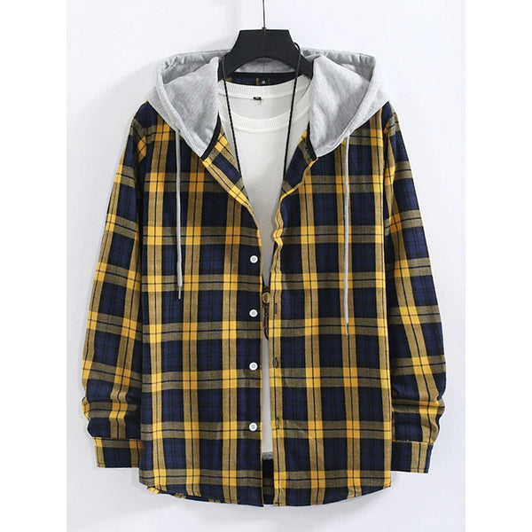 Yellow Plaid Contrast Shirt Casual Buttoned Hooded Long-sleeved Shirt