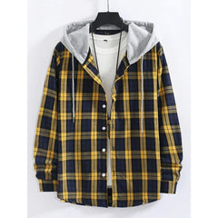 Yellow Plaid Contrast Shirt Casual Buttoned Hooded Long-sleeved Shirt