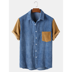 Mens Corduroy Patchwork Turn Down Collar Short Sleeve Shirts