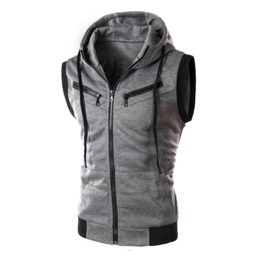 Men Solid Color Hooded Gilet Vest Zip Pocket Sleeveless Slim Waistcoat Jacket