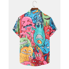 Men's Halloween Cartoon Casual Shirt Summer Print Lapel Thin Shirt