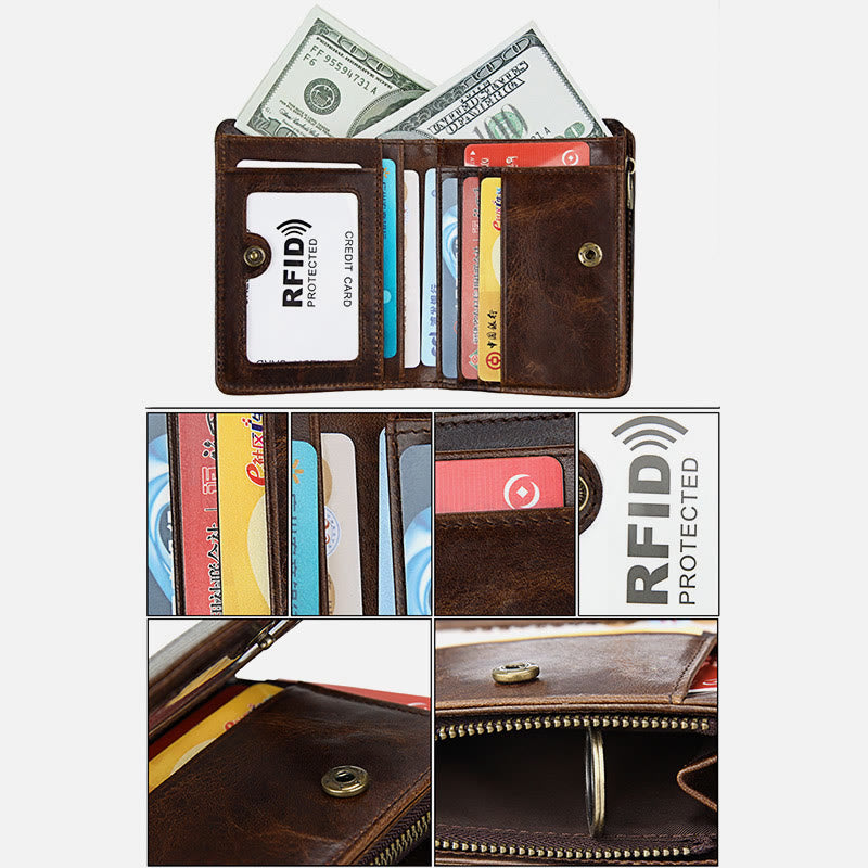 Men Short Anti Theft Genuine Leather Retro Card Holder Wallet