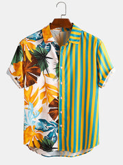 Men Tropical Leaf Colorful Stripe Mixed Print Short Sleeve Casual Shirts