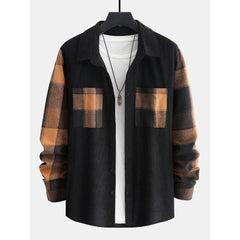 Plaid Color Block Long Sleeve Button Up Men's Casual Corduroy Shirt