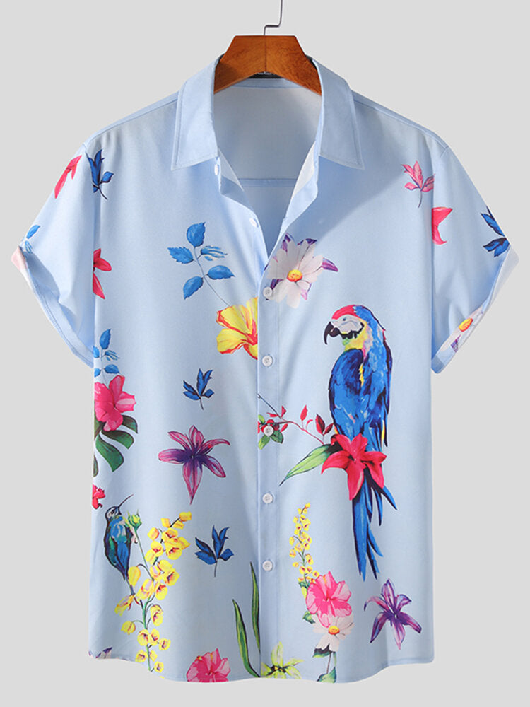 Men Birds & Flower Buttons Short Sleeve Lapel Casual Shirts