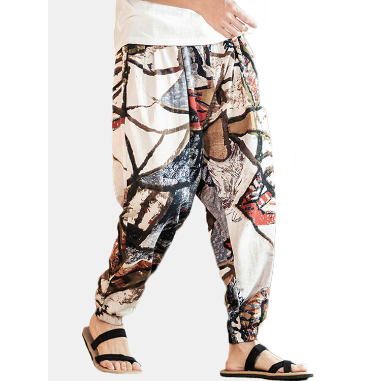 Men Cotton Ethnic Graffiti Print Oriental Harem Pants Plus Size