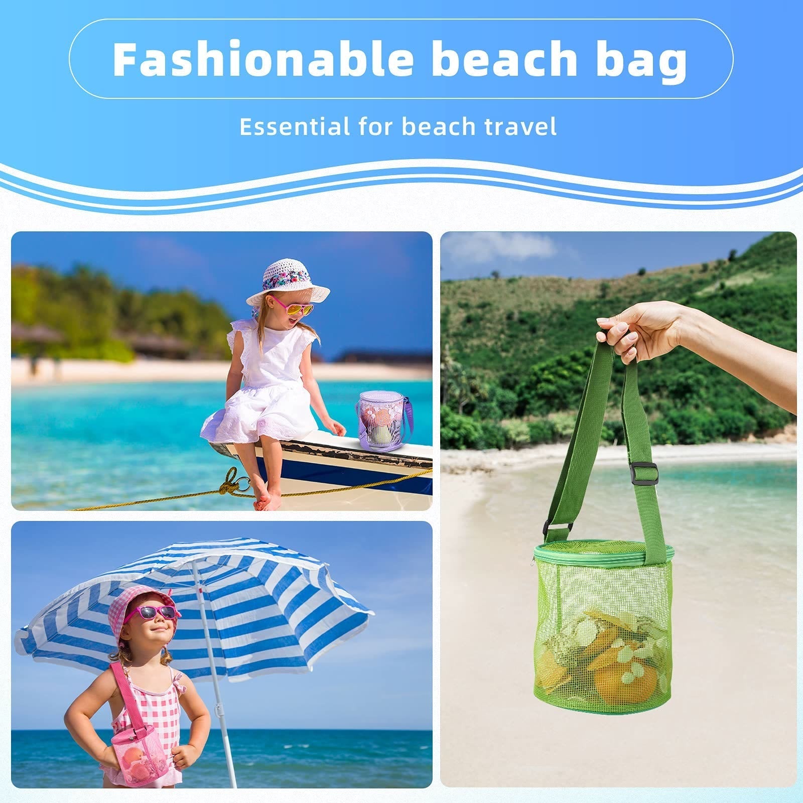 Beach Toys Mesh 4-Piece Set Kids Beach Bag Summer Vacation Shell Storage Bag