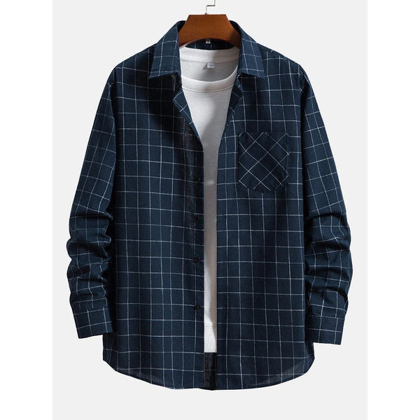 Pure Cotton Brushed Long-sleeved Business Loose Plaid Shirt