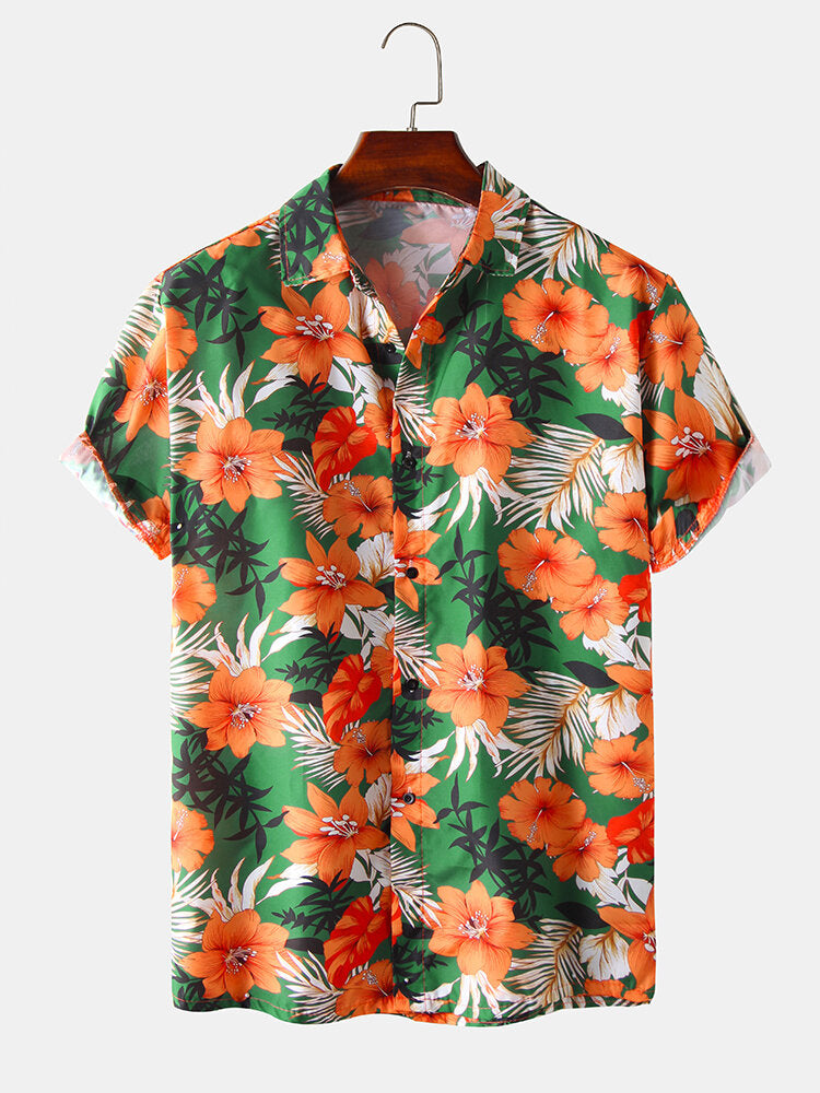 Hawaii Casual Style Floral Print Lapel Collar Short Sleeve Cotton Shirts