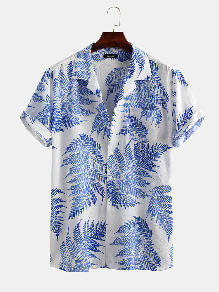 Pine Leaves Print Cotton Short Sleeve Relaxed Shirts