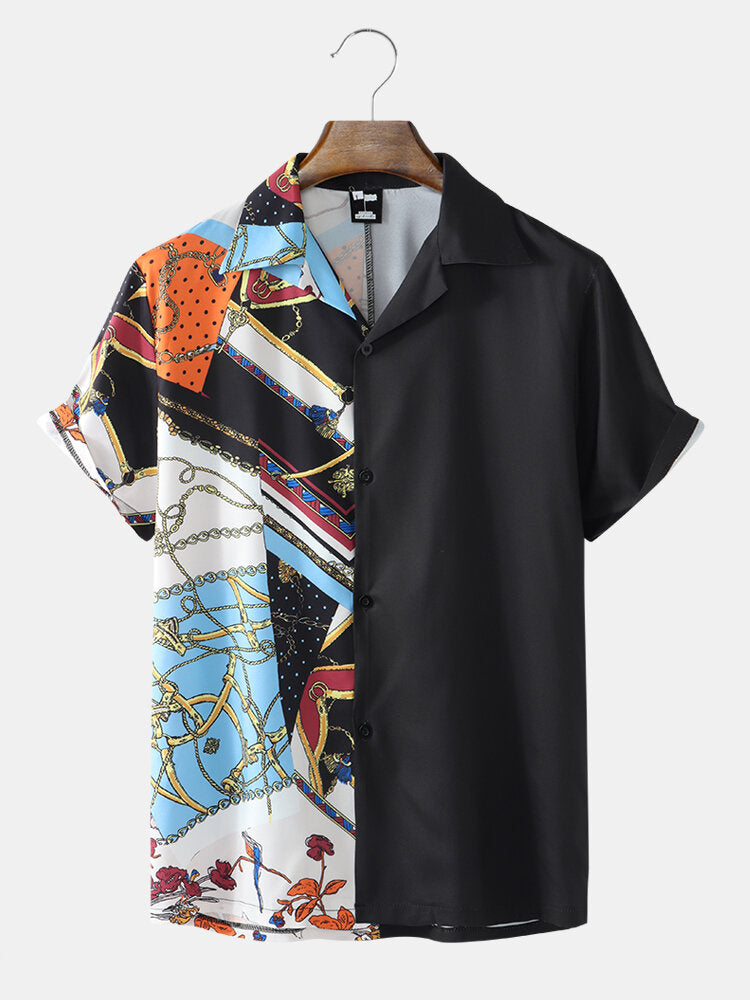 Mens Casual Baroque Print Patchwork Revere Collar Shirts