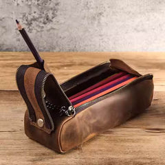 Vintage Pencil Bag Double Open Double Zipper Leather Multipurpose Cosmetic Bag Pencil Case