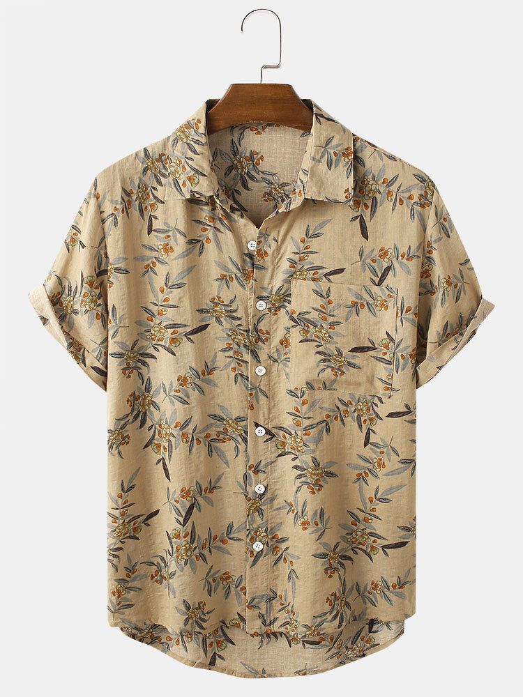 Mens Casual Leaf Print Pocket Shirts