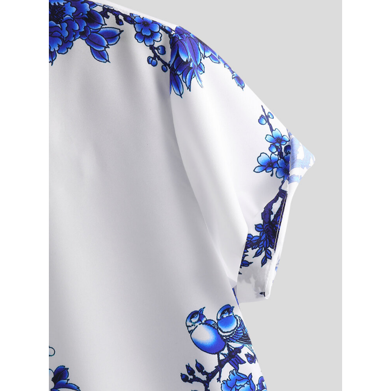 Mens Eastern Culture Porcelain Floral Printed Short Sleeve Casual Shirts